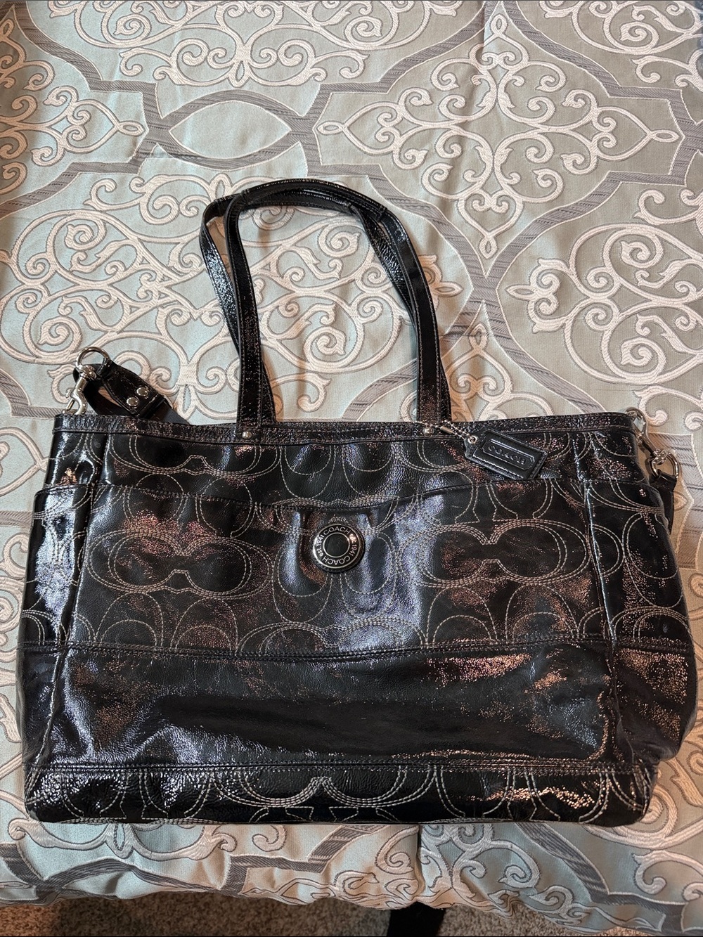 Coach Black Patent Leather Signature Tote
Length 20”, Height 12”, Depth 6”